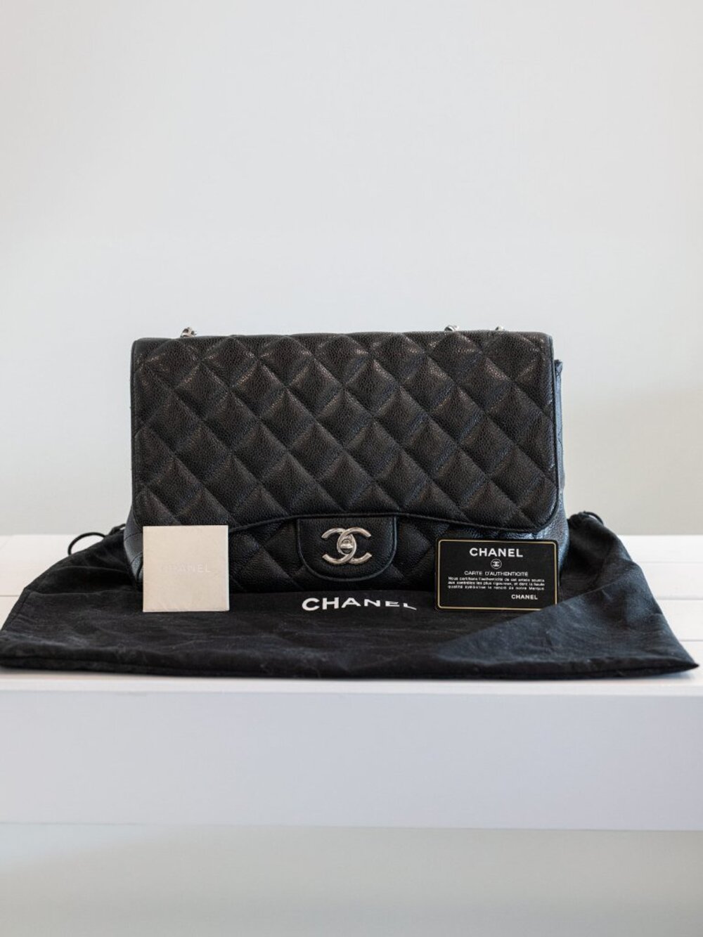 Chanel Black Caviar Leather Jumbo Flap Silver Hardware with Dustbag/Card